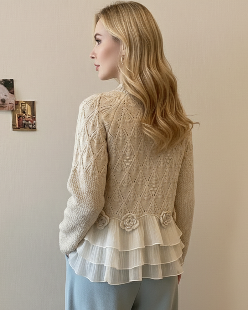 Crew Neck Long Sleeve Cable Knit Cardigan Sweater with Ruffle Hem