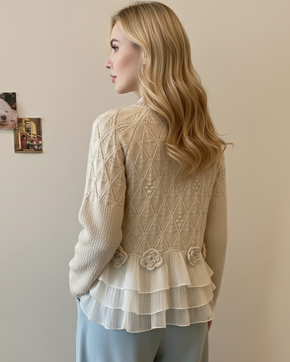 Crew Neck Long Sleeve Cable Knit Cardigan Sweater with Ruffle Hem