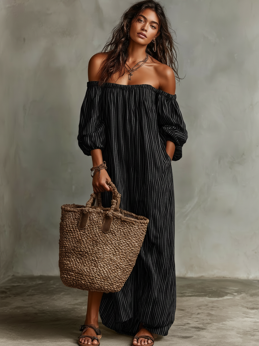 Off The Shoulder Striped Puff Sleeve Maxi Pocket Dress