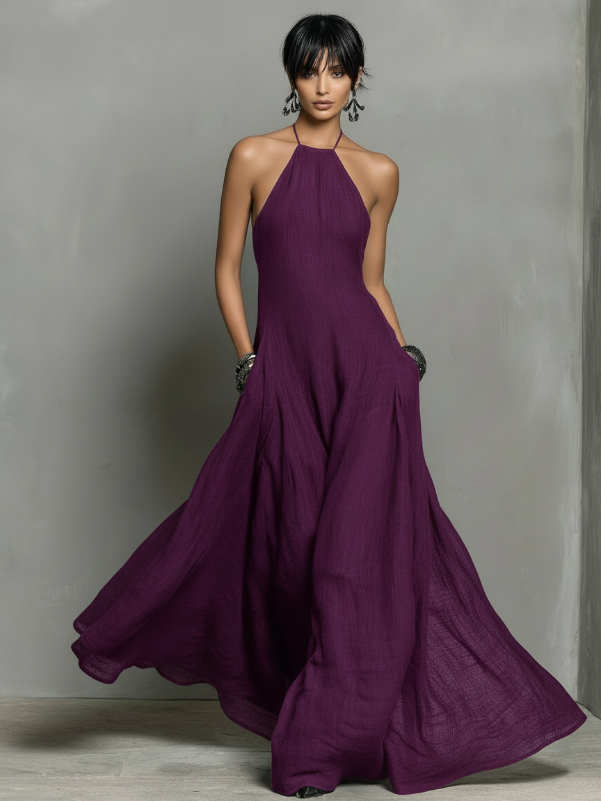 Sleeveless Halter Neck Backless Flowy Maxi Dress