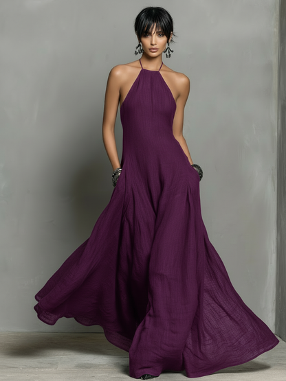 Sleeveless Halter Neck Backless Flowy Maxi Dress