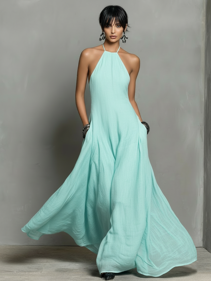 Sleeveless Halter Neck Backless Flowy Maxi Dress