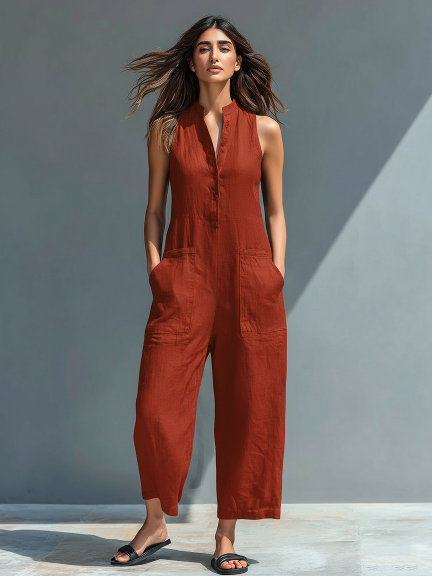 Solid Straight Cut Pocketed Front Button Jumpsuit