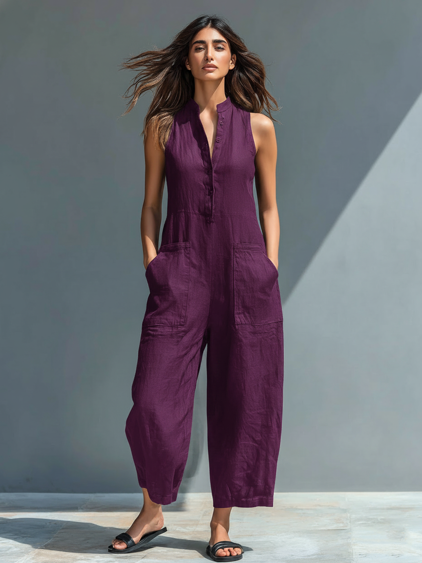 Solid Straight Cut Pocketed Front Button Jumpsuit