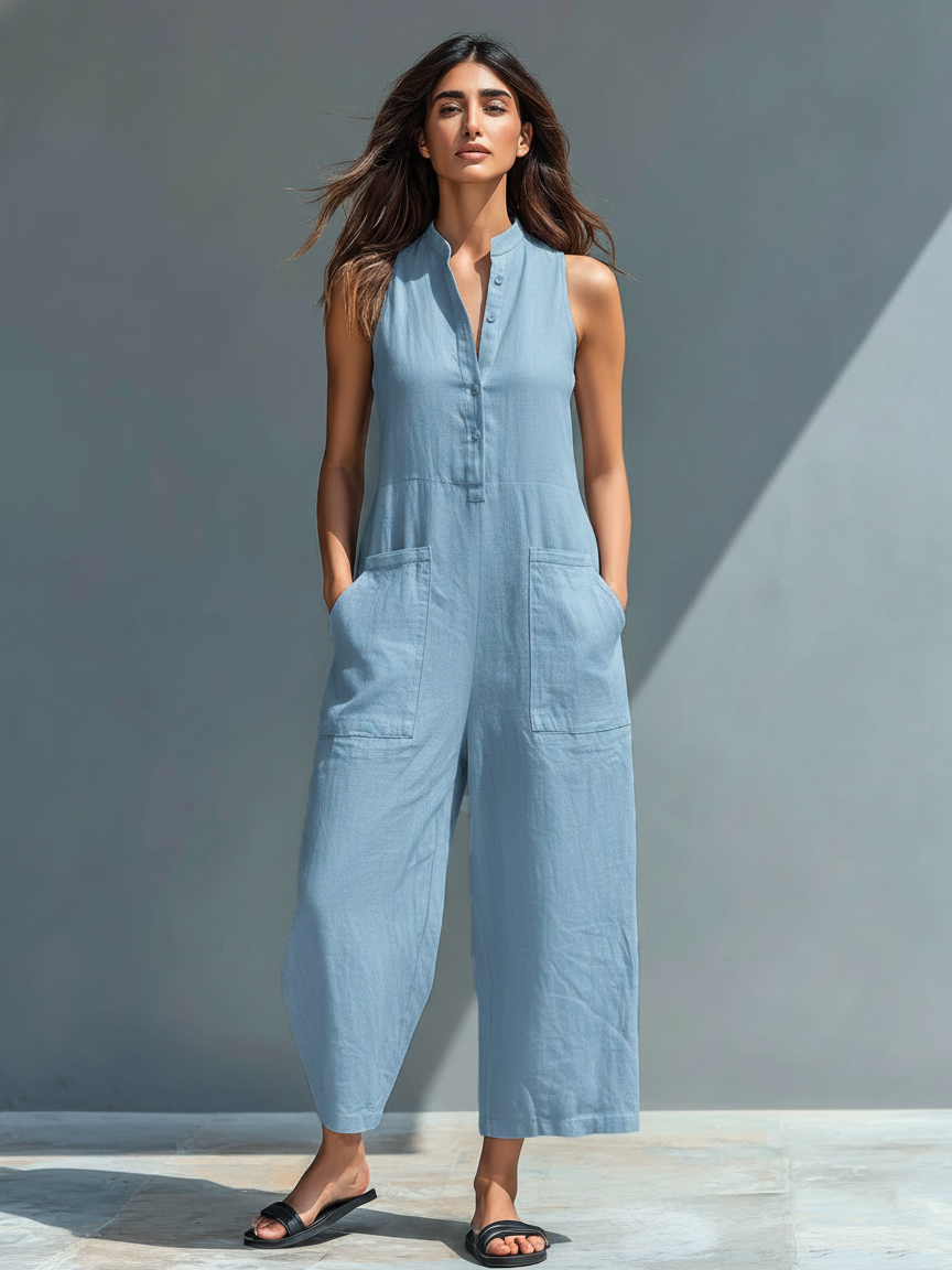 Solid Straight Cut Pocketed Front Button Jumpsuit
