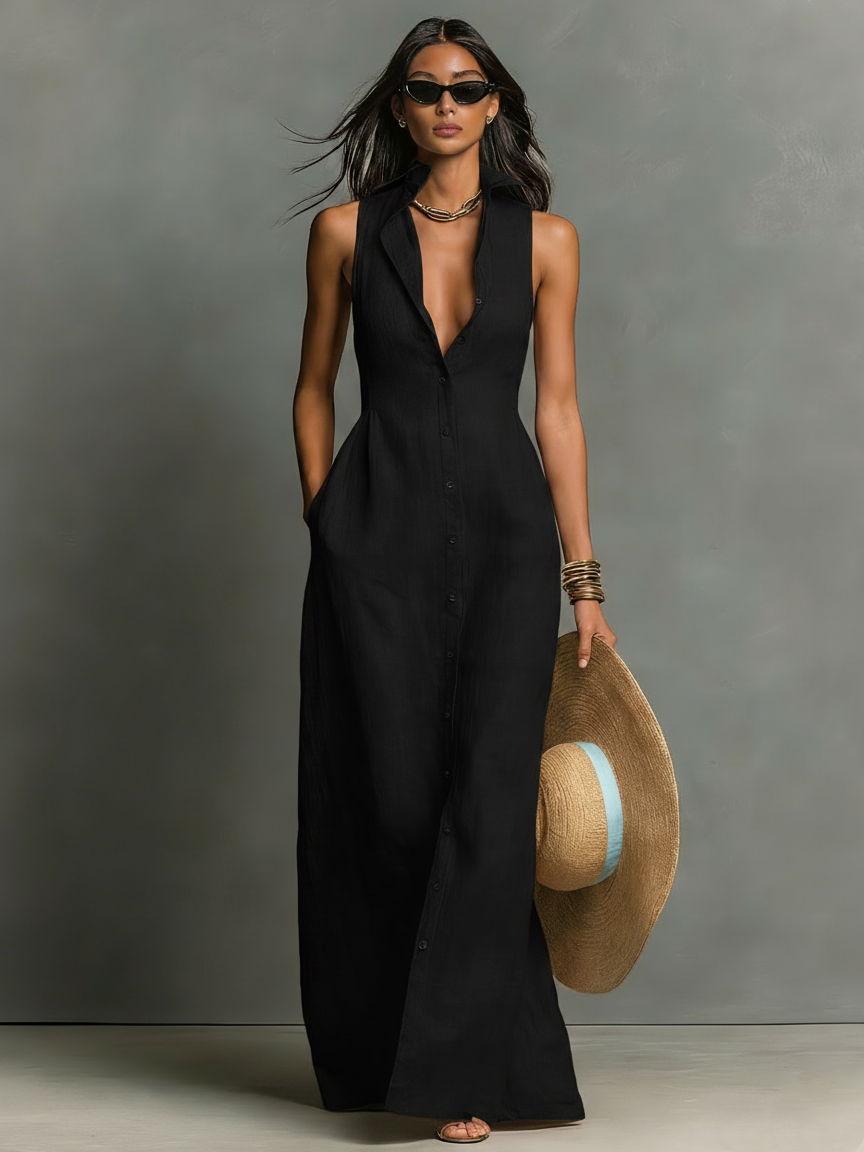 Collar Button Placket Sleeveless Pocketed Maxi Dress