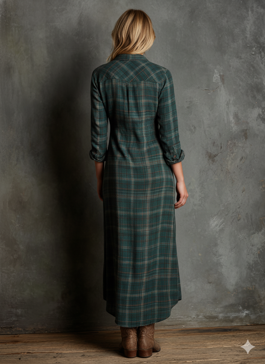 Plaid Collar Button Long Pocket Flared Dress