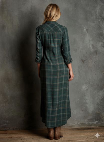 Plaid Collar Button Long Pocket Flared Dress