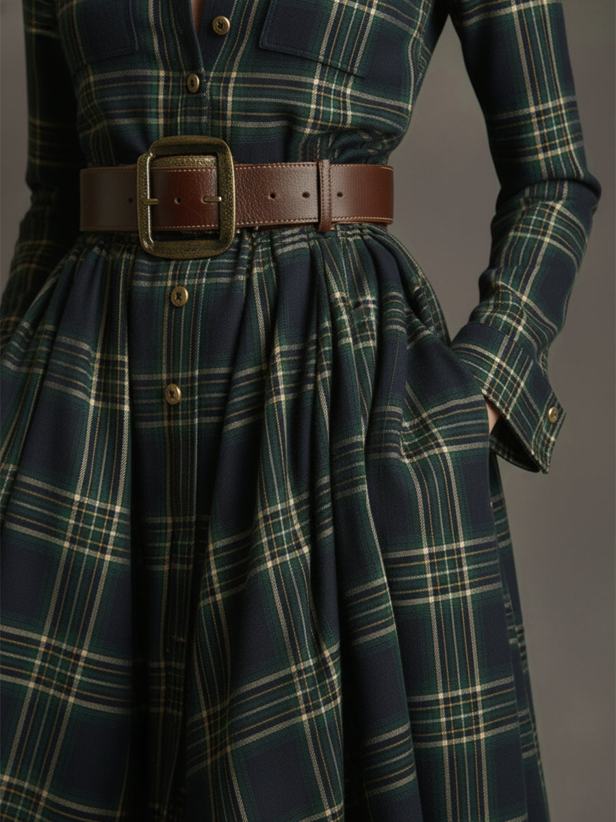 Collared Long Sleeved Plaid Pocketed Maxi Dress