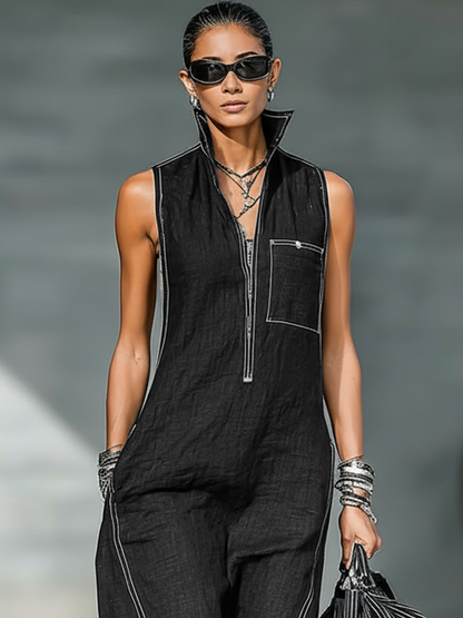 Sleeveless Contrast Stitch Wide Leg Jumpsuit