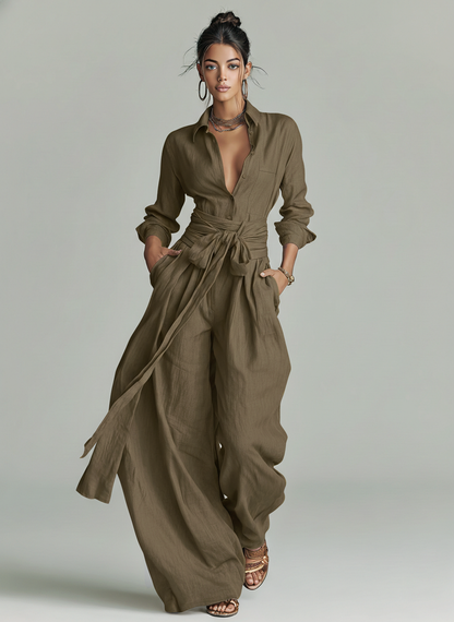 Cuffed Sleeve Floor Length Overlay Jumpsuit