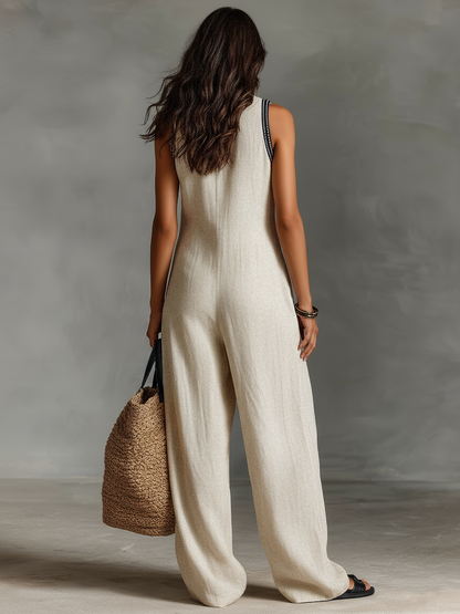 Embroidered Neckline Sleeveless Wide Leg Jumpsuit
