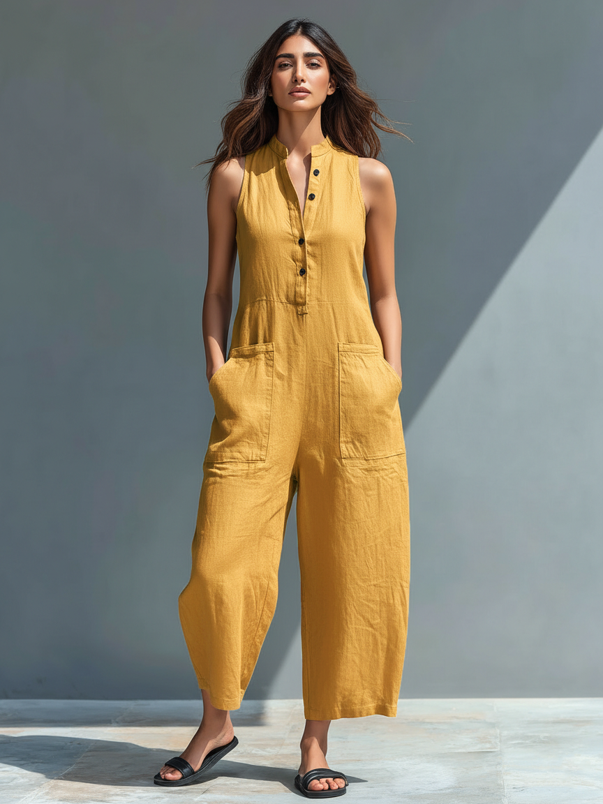 Solid Straight Cut Pocketed Front Button Jumpsuit