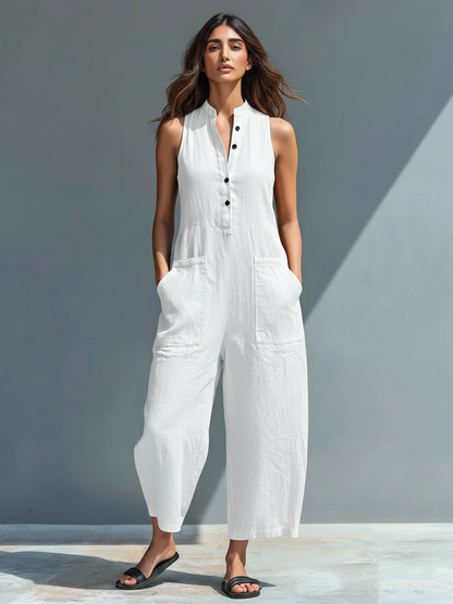 Solid Straight Cut Pocketed Front Button Jumpsuit