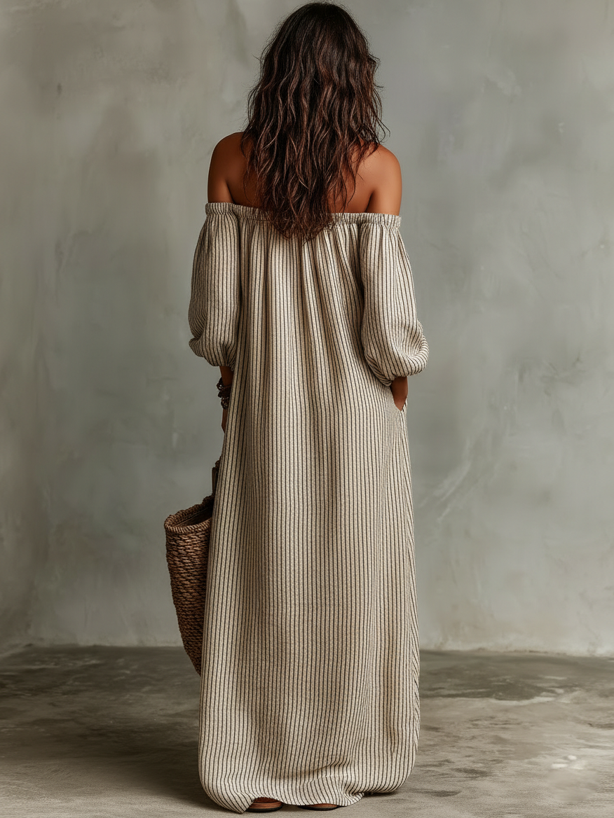 Off The Shoulder Striped Puff Sleeve Maxi Pocket Dress