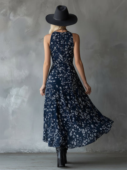 Halter Floral Sleeveless Ruched Fitted Asymmetrical Dress