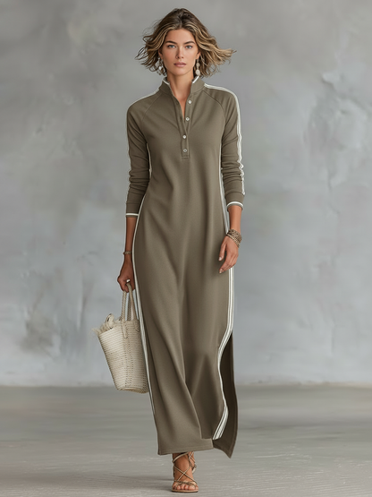 Mock Neck Ribbed Trim Straight Column Maxi Dress