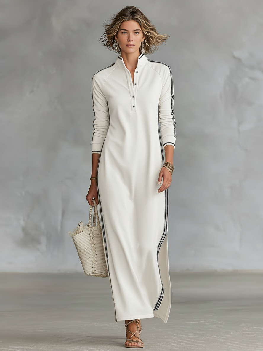 Mock Neck Ribbed Trim Straight Column Maxi Dress