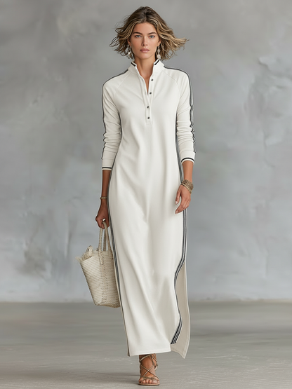 Mock Neck Ribbed Trim Straight Column Maxi Dress
