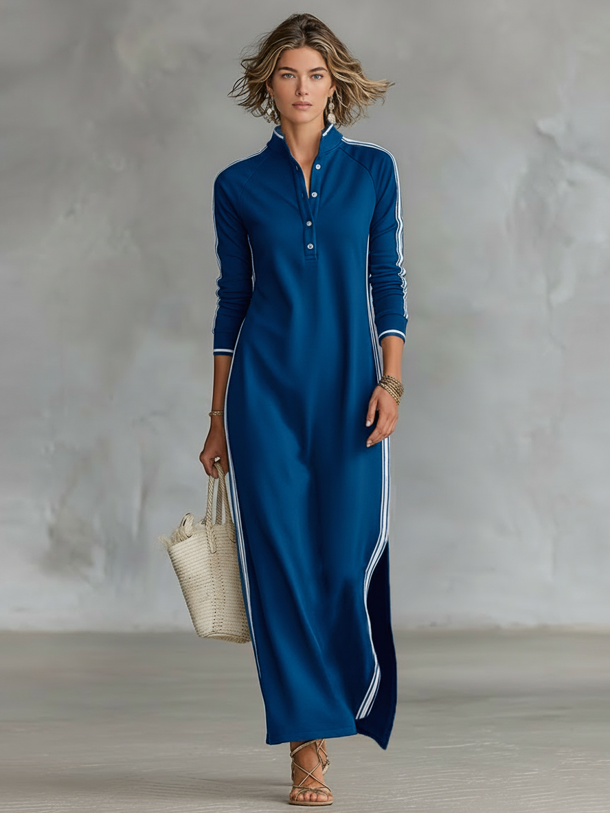 Mock Neck Ribbed Trim Straight Column Maxi Dress
