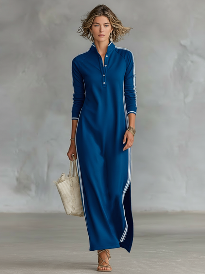 Mock Neck Ribbed Trim Straight Column Maxi Dress