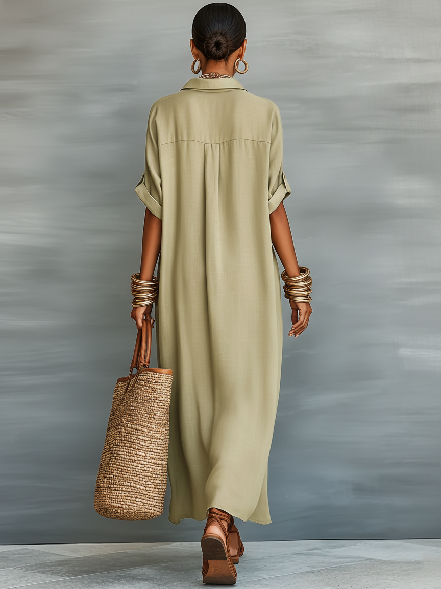 Collar Button Placket Short Sleeve Maxi Dress