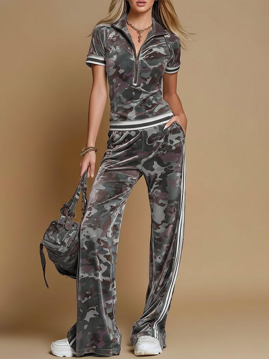 Camouflage Short Sleeved Zippered Pocketed Wide Set