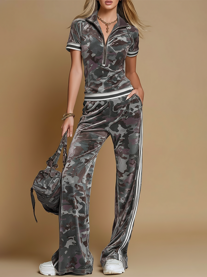 Camouflage Short Sleeved Zippered Pocketed Wide Set