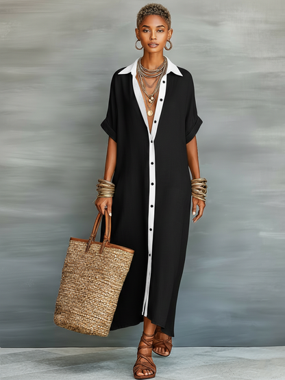 Collar Button Placket Short Sleeve Maxi Dress