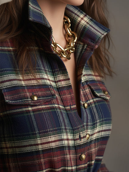 Collared Long Sleeved Plaid Pocketed Maxi Dress