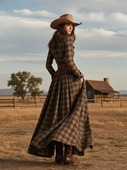 Collared Long Sleeved Plaid Pocketed Maxi Dress