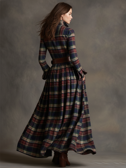 Collared Long Sleeved Plaid Pocketed Maxi Dress