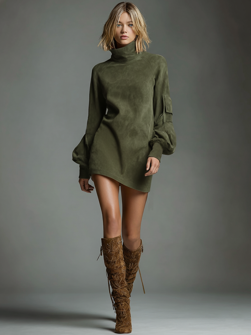 High Neck Raglan Sleeve Pocketed Mini Dress