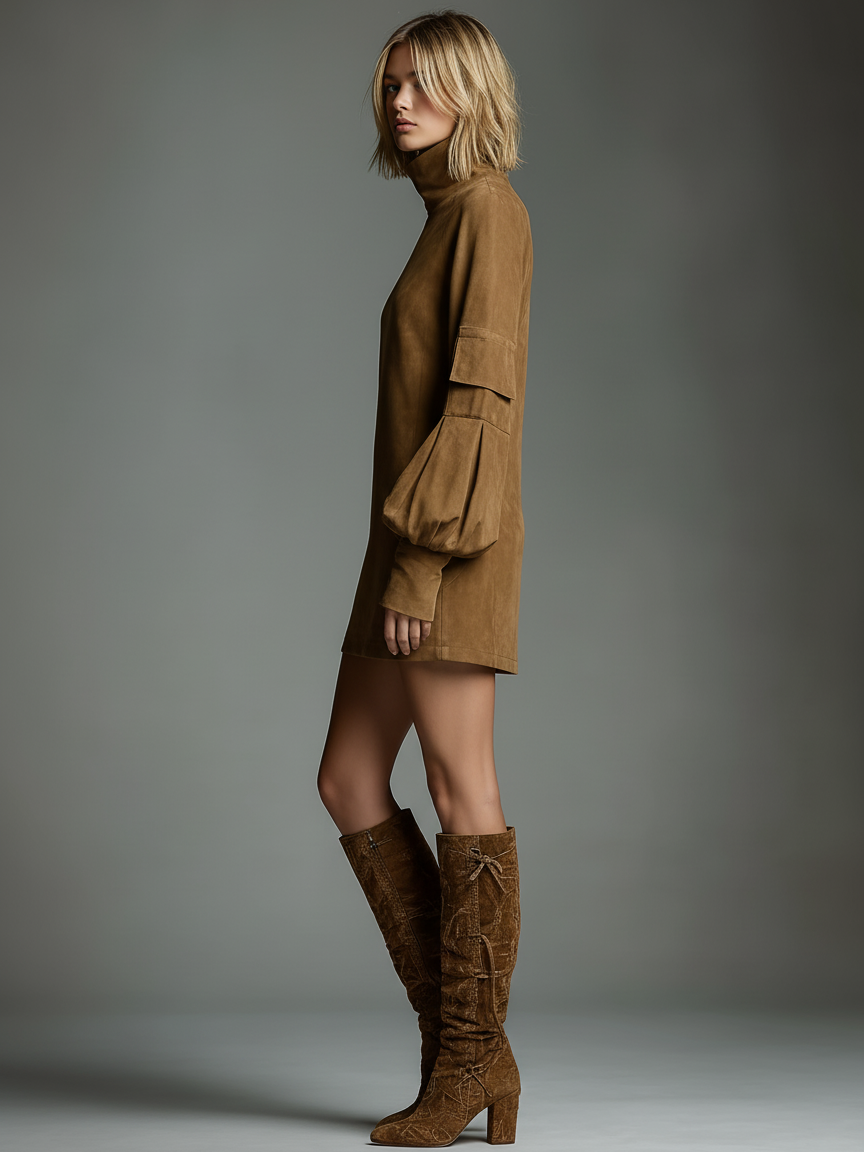 High Neck Raglan Sleeve Pocketed Mini Dress