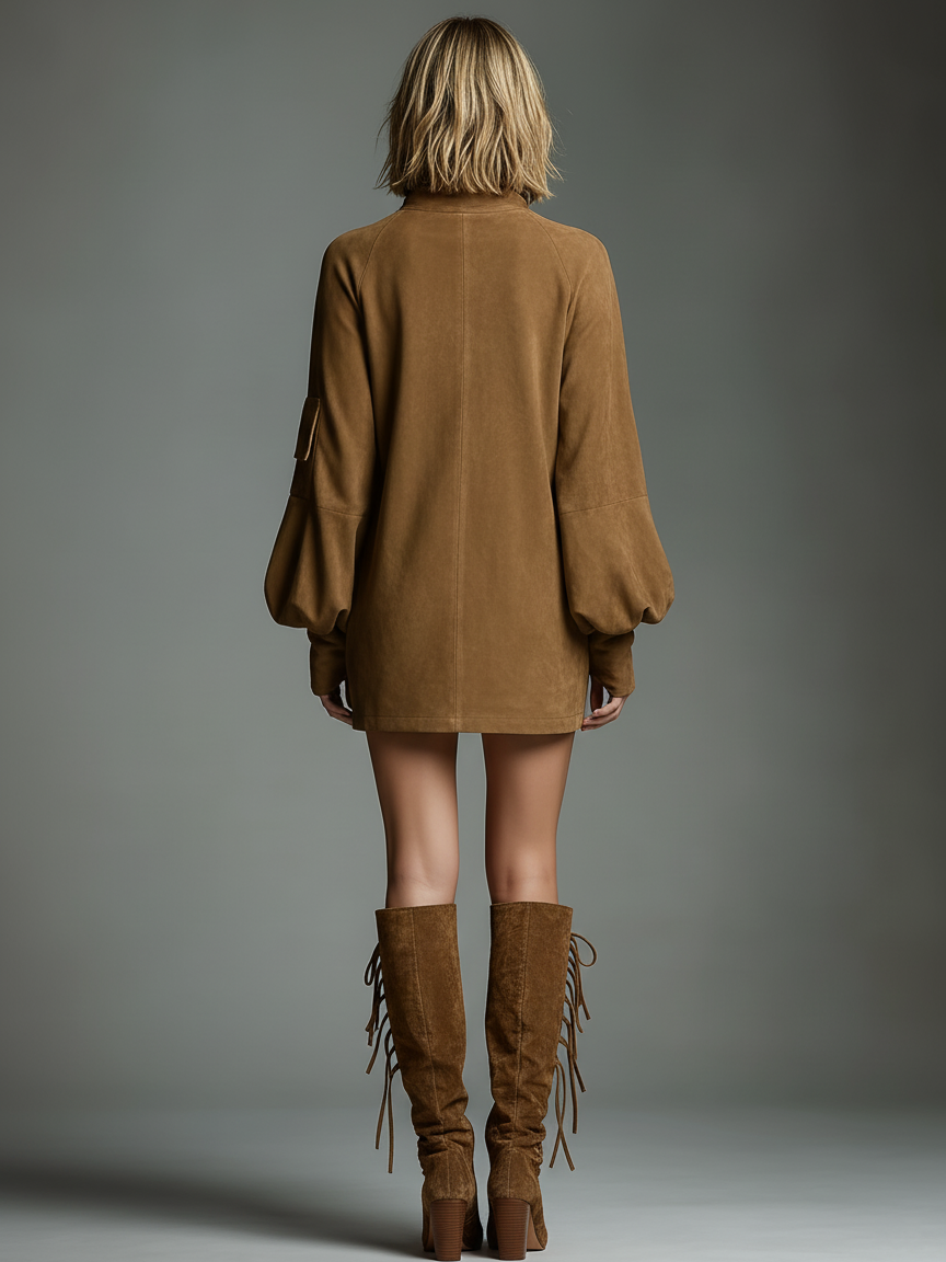 High Neck Raglan Sleeve Pocketed Mini Dress