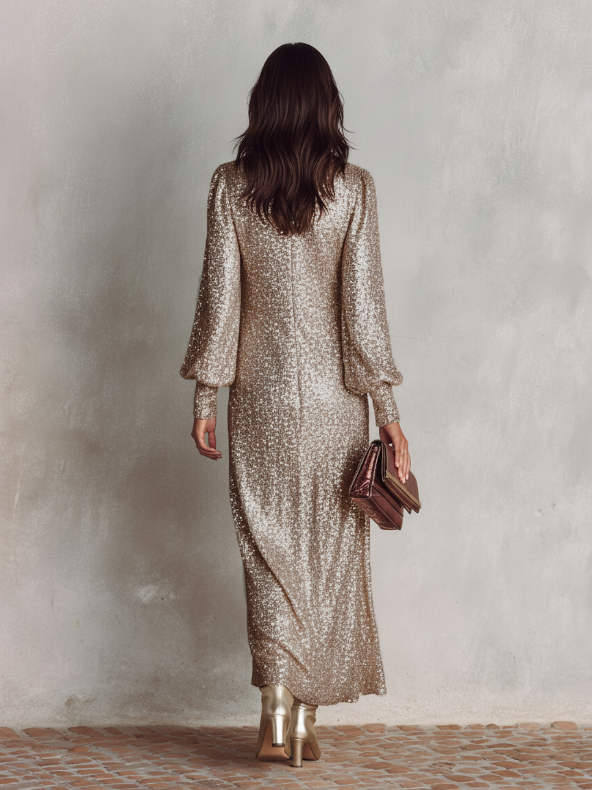 Sequined Long Bishop Sleeve Plunging V Neck Maxi Dress