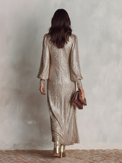 Sequined Long Bishop Sleeve Plunging V Neck Maxi Dress