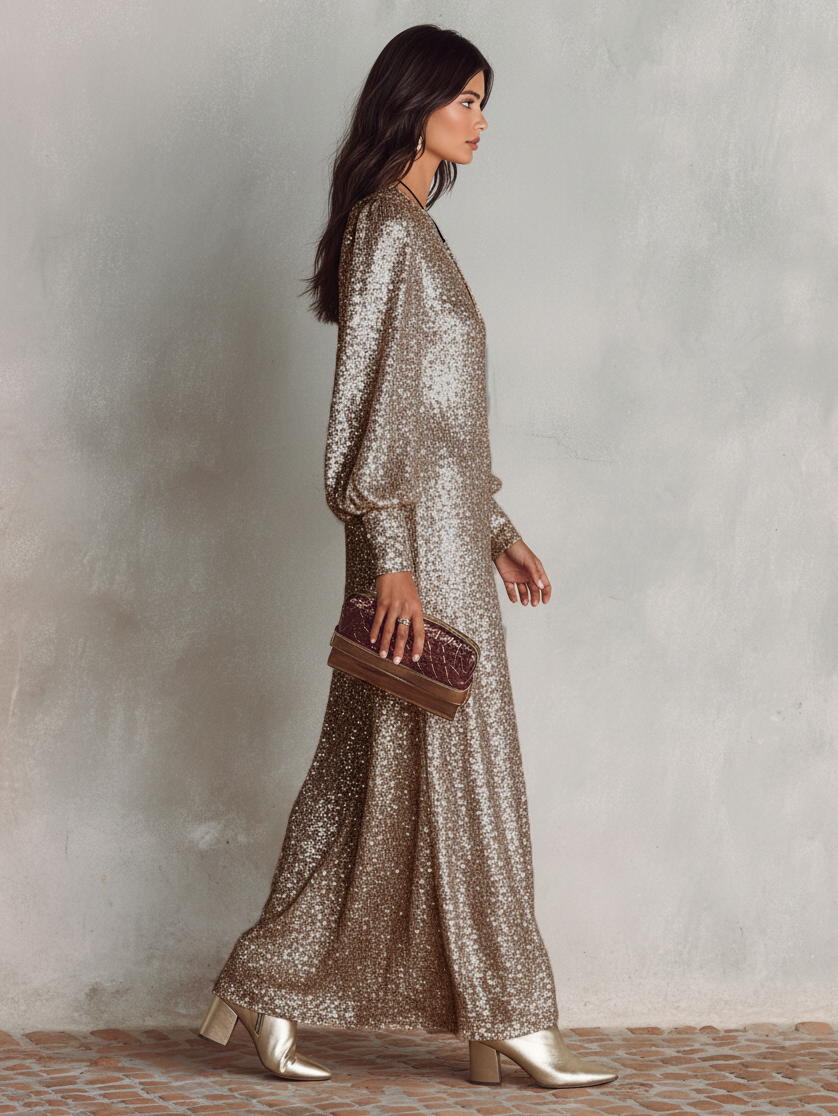 Sequined Long Bishop Sleeve Plunging V Neck Maxi Dress