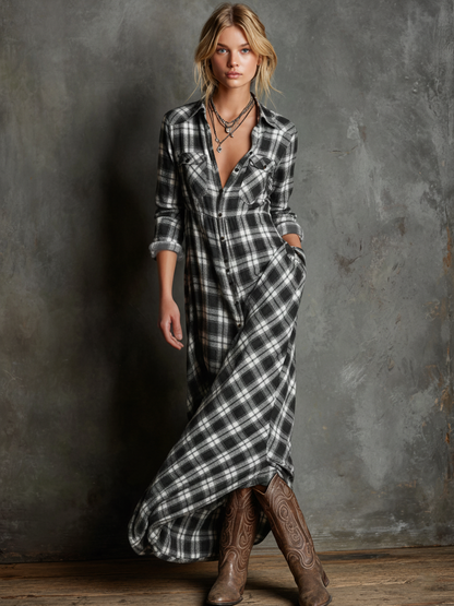 Plaid Collar Button Long Pocket Flared Dress