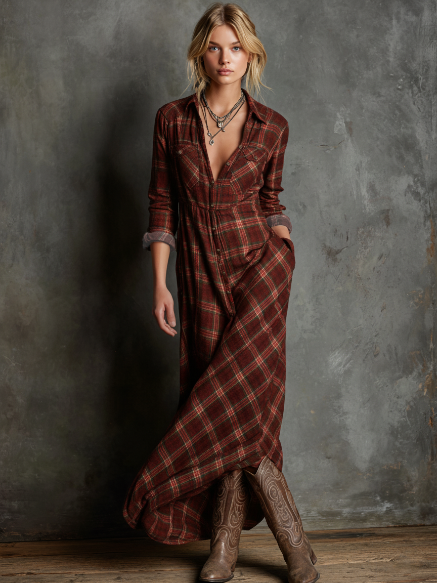 Plaid Collar Button Long Pocket Flared Dress
