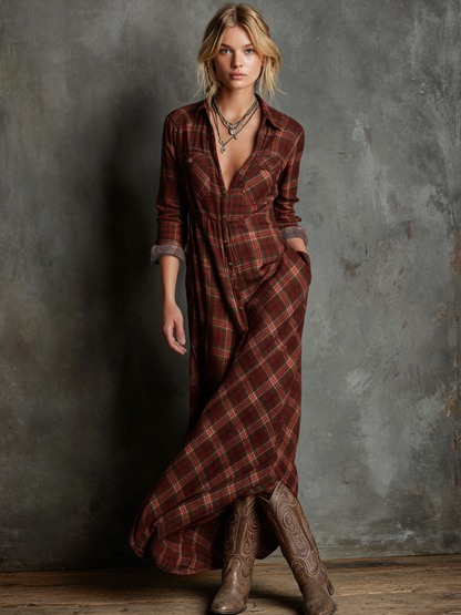 Plaid Collar Button Long Pocket Flared Dress