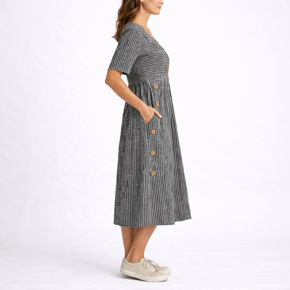 Scoop Neck Short Sleeve Fit and Flare Striped Midi Dress with Pockets