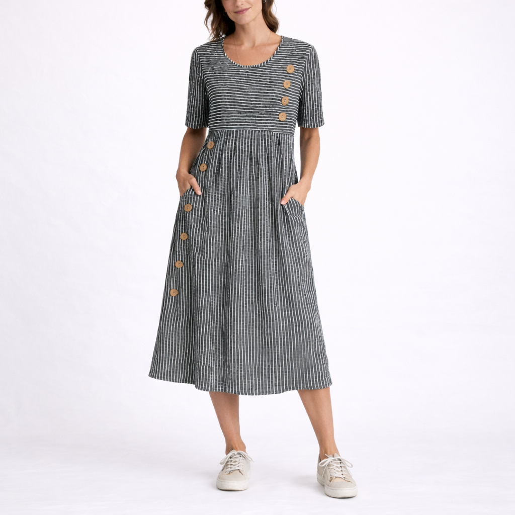 Scoop Neck Short Sleeve Fit and Flare Striped Midi Dress with Pockets