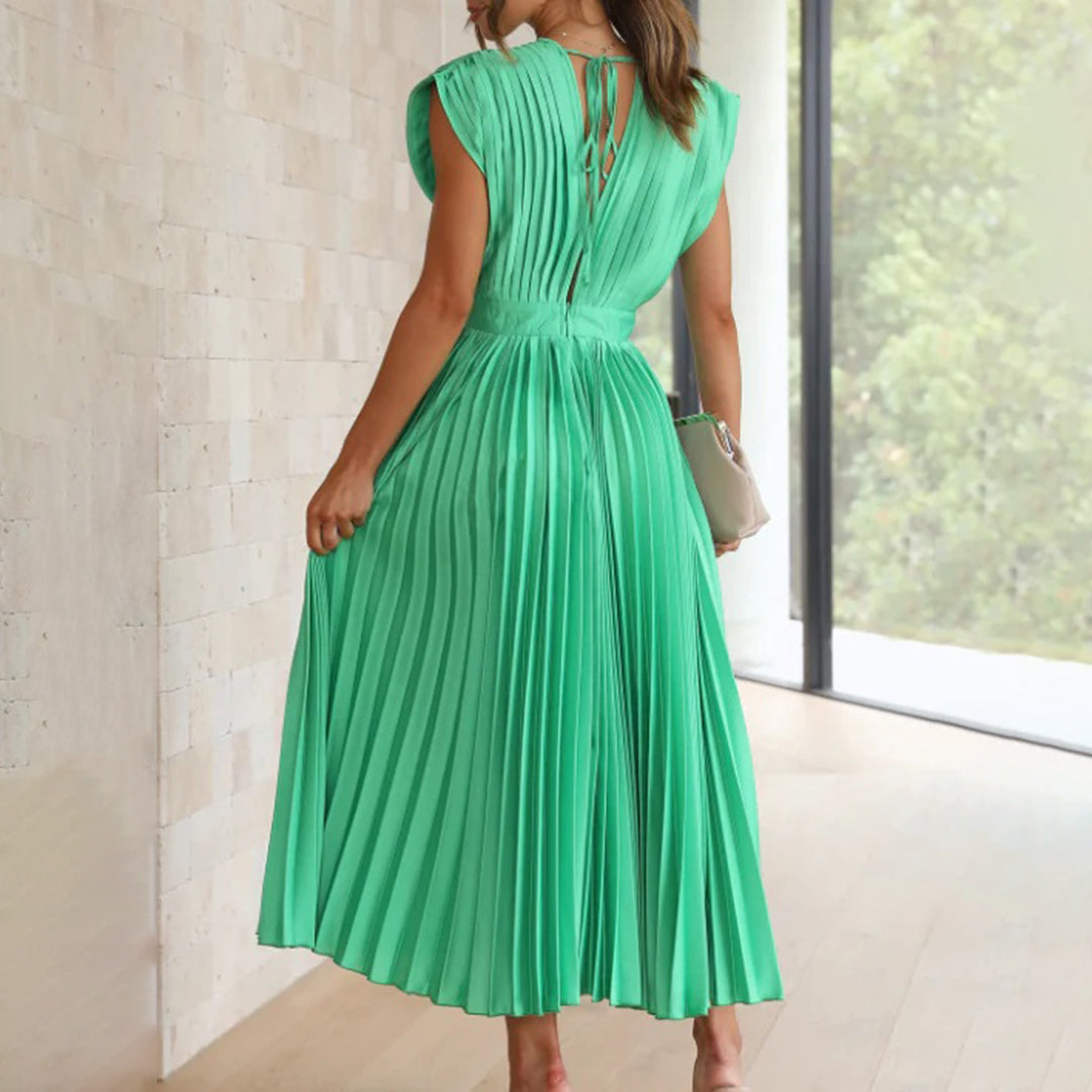 Draped Backless Sleeveless Cinched Pleated Midi Dress