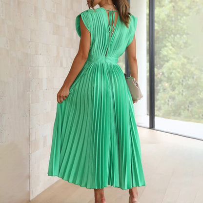 Draped Backless Sleeveless Cinched Pleated Midi Dress