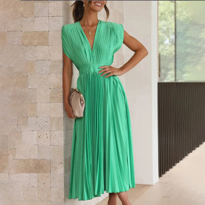 Draped Backless Sleeveless Cinched Pleated Midi Dress
