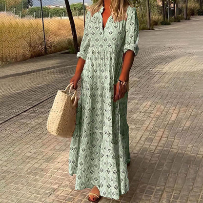 Patterned Print V Neck Tiered Collared Maxi Dress