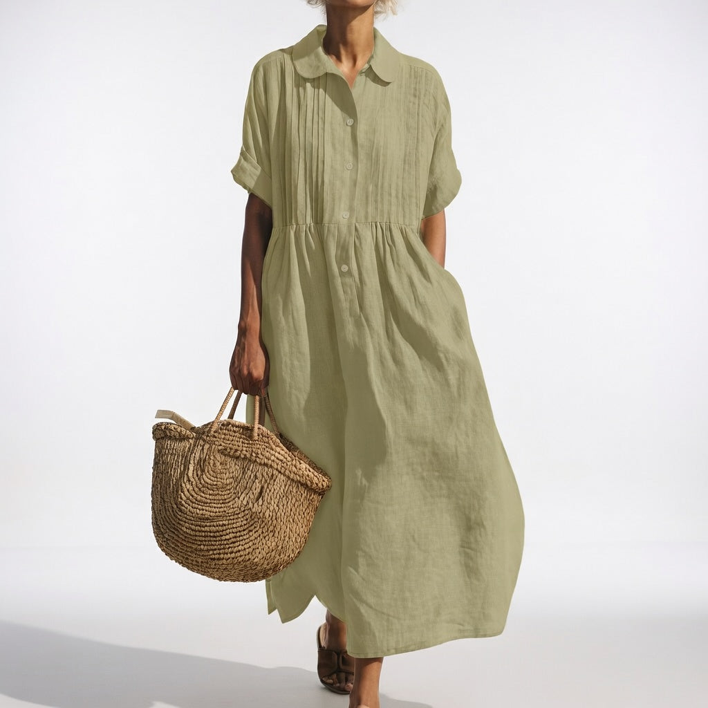 Collared Buttoned Gathered Loose Midi Dress