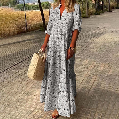 Patterned Print V Neck Tiered Collared Maxi Dress