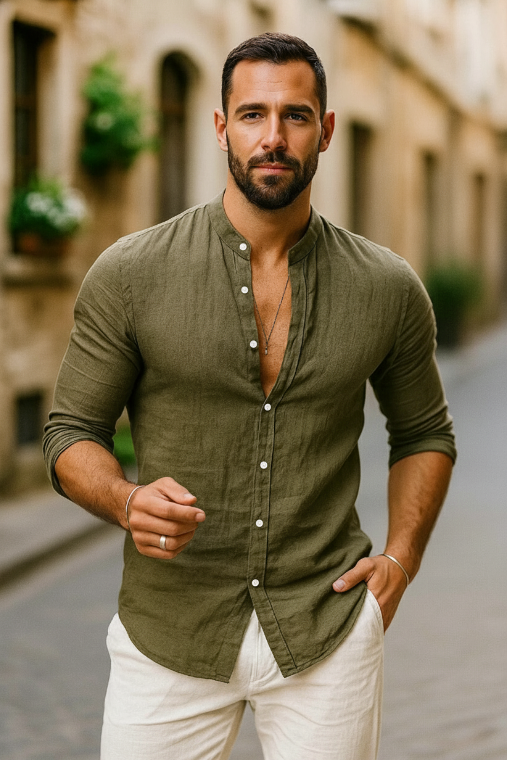 Solid Long Sleeve Mandarin Collar Button Up Shirt